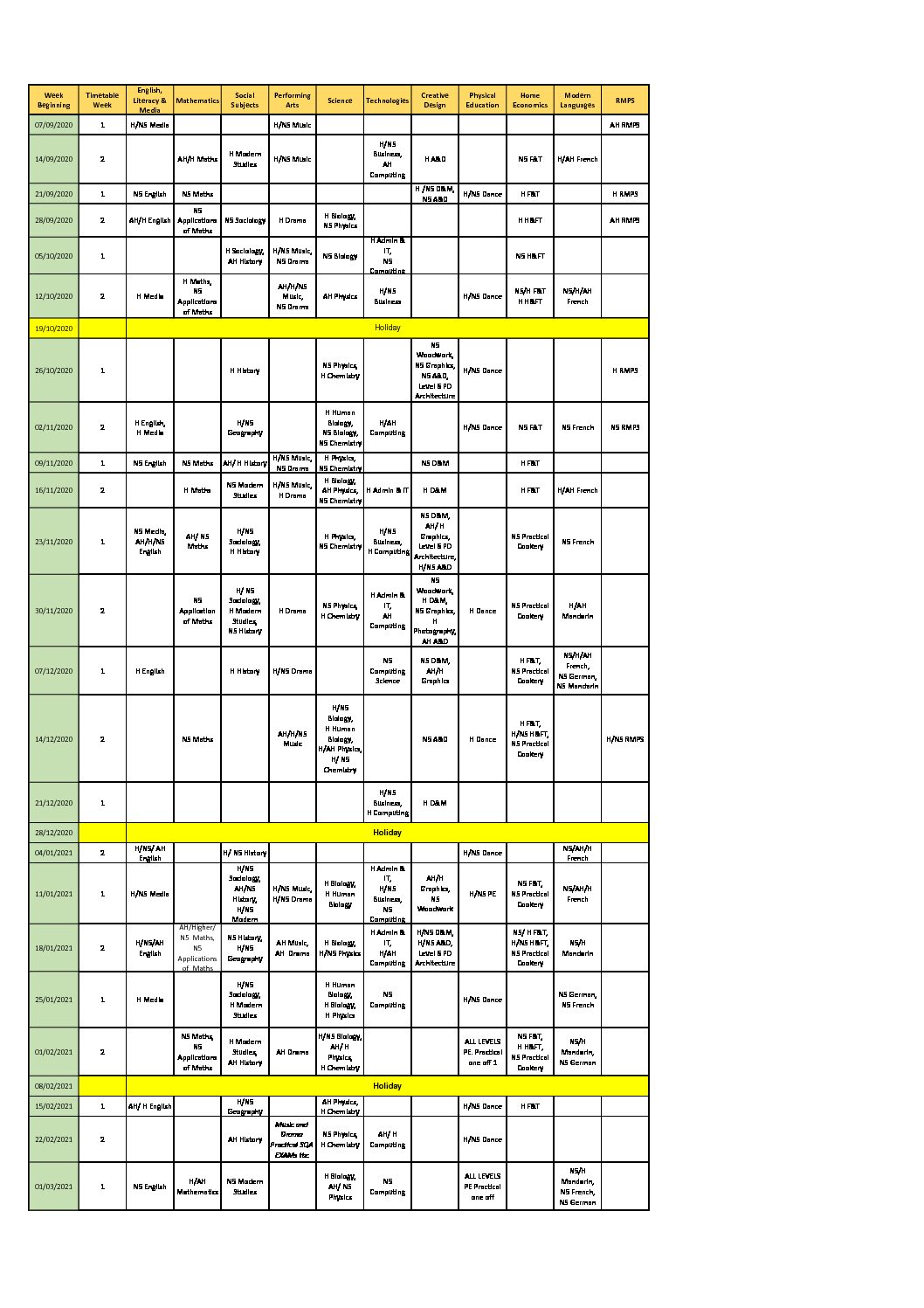 LHS Assessment Calendar 202021 v1 Nov 2020 Lasswade High School